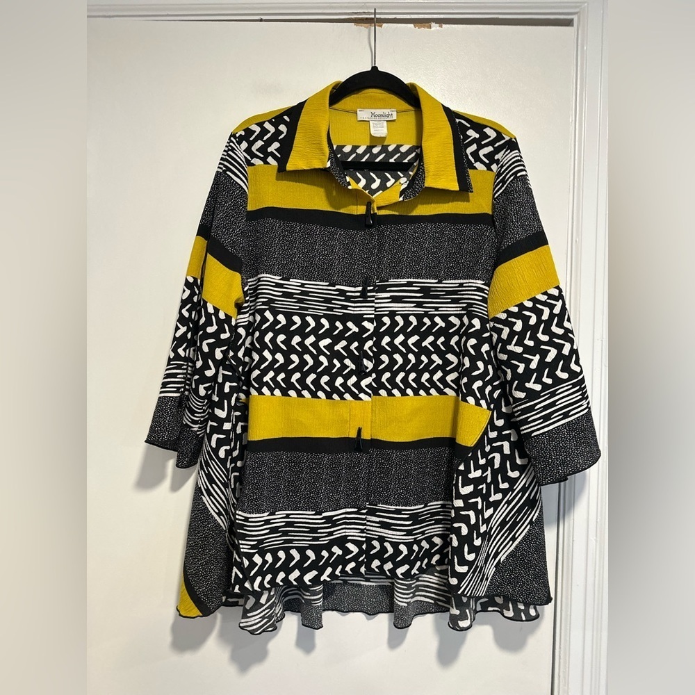 Moonlight Art to Wear Abstract Geometric Crinkled Boxy Blouse Sz:L Black Yellow